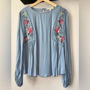 Living Doll Blue Boho Embroidered Floral Keyhole Back Long Sleeve Blouse Large L